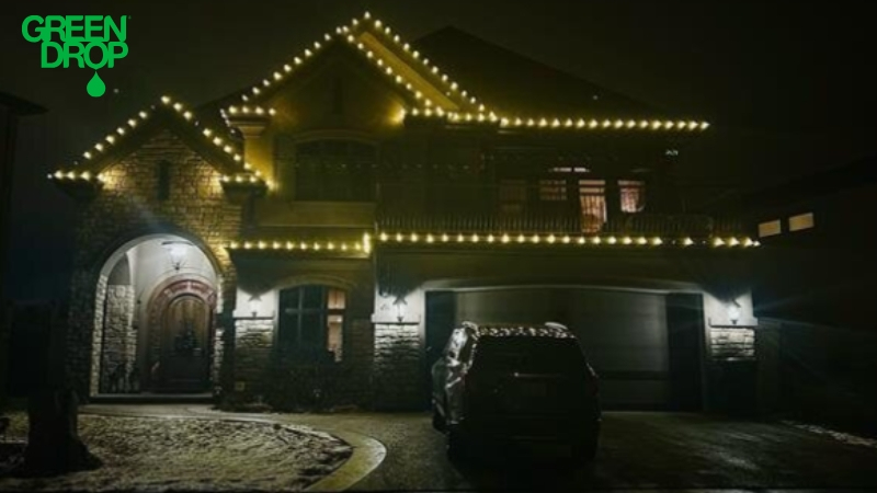 Holiday Lights set up by Green Drop glowing at night