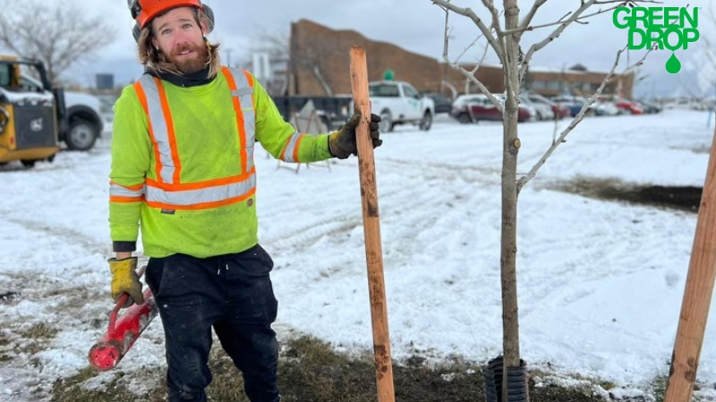 Green Drop employee posing next to a newly planted tree