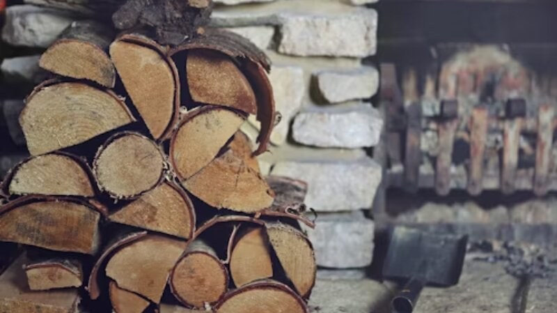 Firewood pile with a fireplace in the back