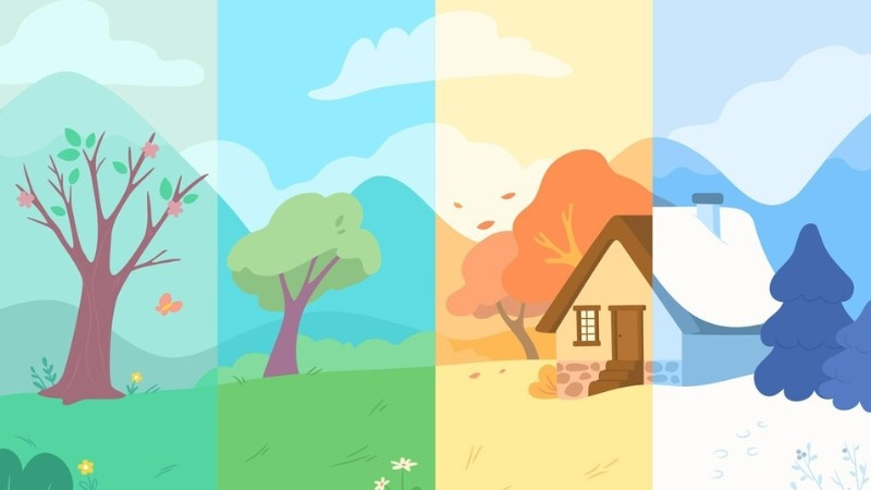 A colorful digital illustration showing trees and a house across four seasons—spring, summer, fall, and winter.