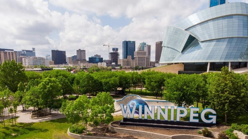 A panoramic view of downtown Winnipeg, featuring the Canadian Museum for Human Rights with its modern glass architecture.